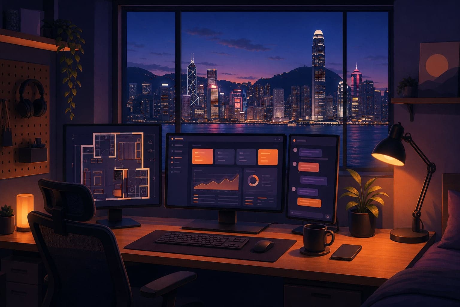 Illustration of a small Hong Kong studio desk at dusk: three screens showing a smart-home floor plan, a web app, and a chat conversation, with the harbour skyline through the window