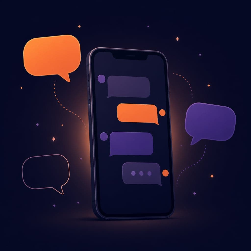 Illustration of a phone with a chat conversation in progress, a reply being typed